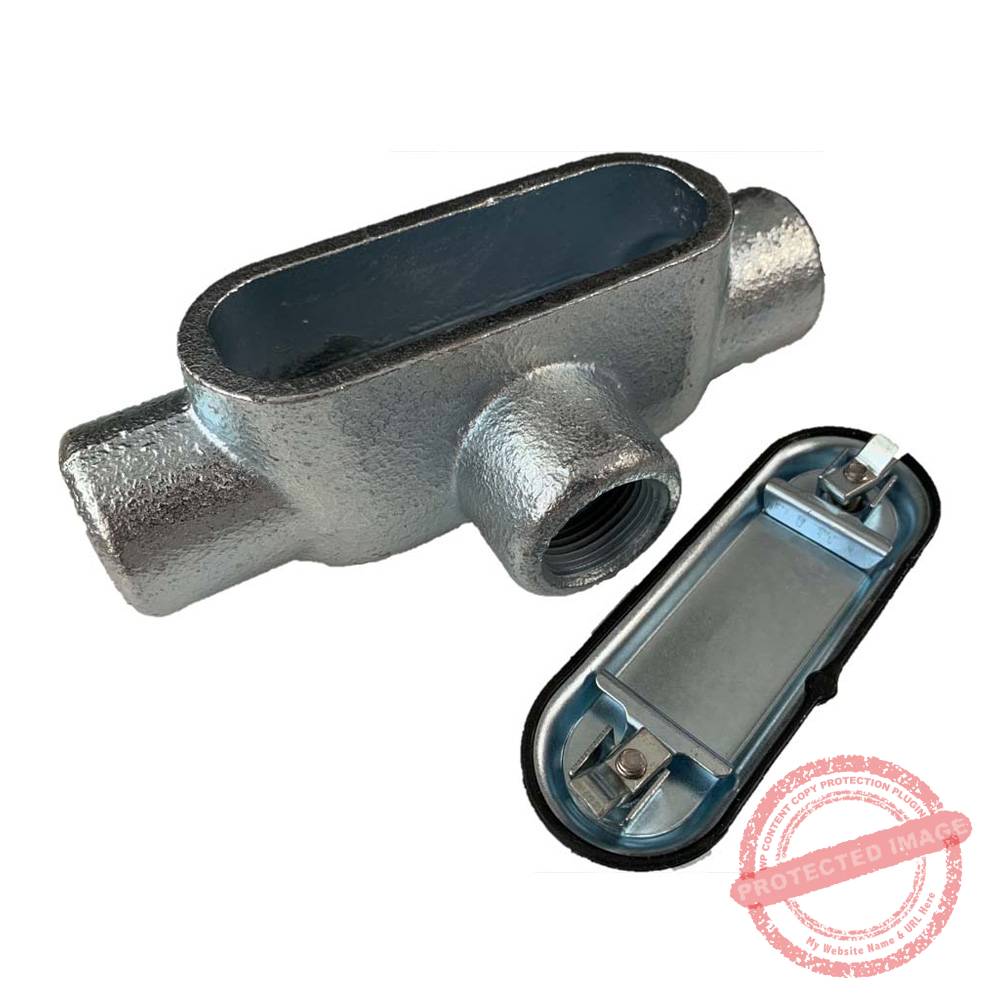 Caja Condulet hierro tipo T 1 1/2¨, tapa+empaque, galvanizado en caliente, UL