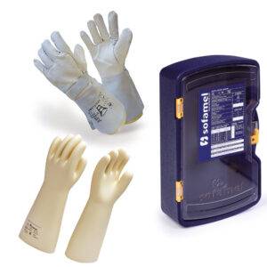 Guante aislante Clase 4 (<=36kV) talla 09 de látex + Sobreguante plomo talla 11 + Caja de polietileno
