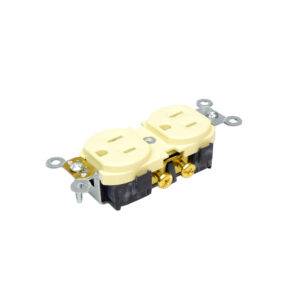 Tomacorriente doble 2x15A+T uso industrial NEMA 5-15R marfil