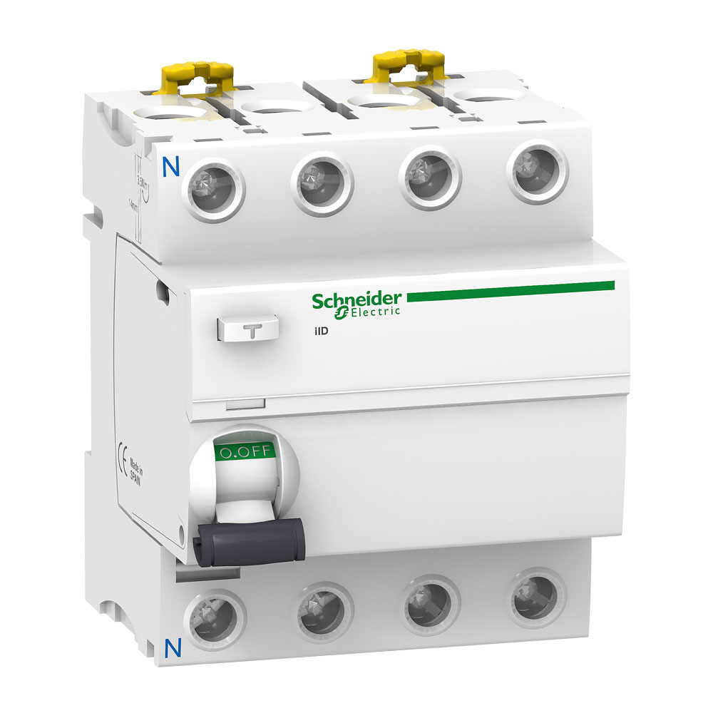 interruptor-diferencial-4x25a-30ma-230v-4-modulos-riel-din-id.jpg Interruptor diferencial 4x25A 30mA 230V 4 módulos riel DIN ID - Imagen 1